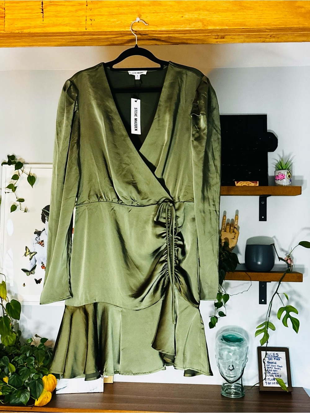 NWT Steve Madden Nyla Olive Green Satin Faux Wrap Mini Dress - Size 8